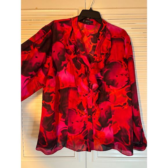 ANN KLEIN Red Floral Print Button
Down Blouse with Ruffles - Picture 6 of 8